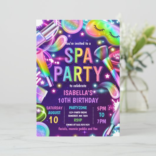 Spa Glow Neon Glitz en Glam Makeup Birthday Party Kaart (Staand voorkant)