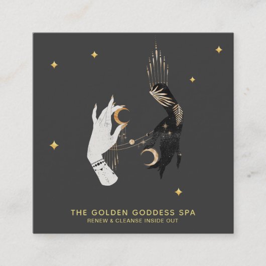 *~* Spa Hands Stars Moon Mystic Gold Palm Leaves Vierkante Visitekaartje (Voorkant)