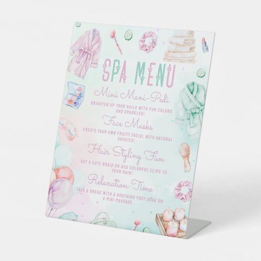 Spa Menu Pastel Kinder Pamper Party Menu Reclamebord Met Voetstuk (Voorkant)