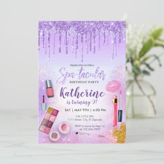 Spa Party Glam Girl Birthday Party Salon Paars Kaart (Staand voorkant)
