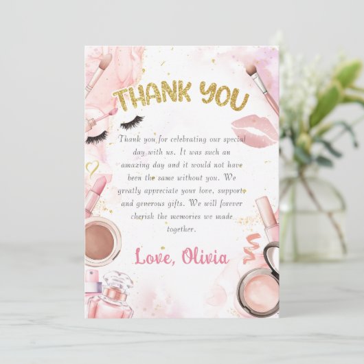 Spa Party Glamour Girl Make-up Verjaardagsfoto Bedankkaart (Staand voorkant)