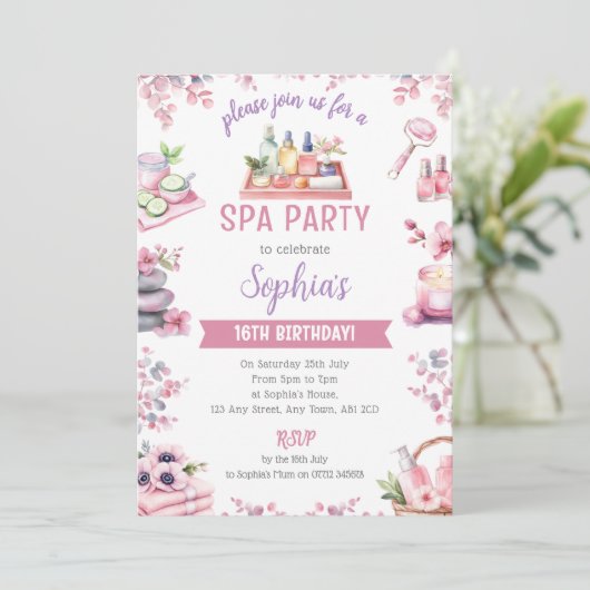 Spa Party Invitation - Cherry Blossom Pamper Party Kaart (Staand voorkant)
