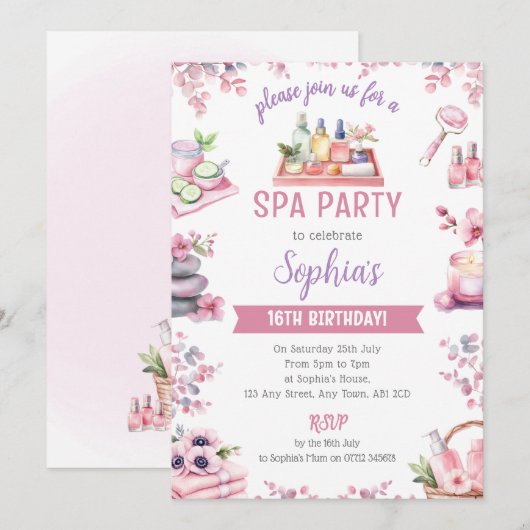 Spa Party Invitation - Cherry Blossom Pamper Party Kaart (Voorkant / Achterkant)