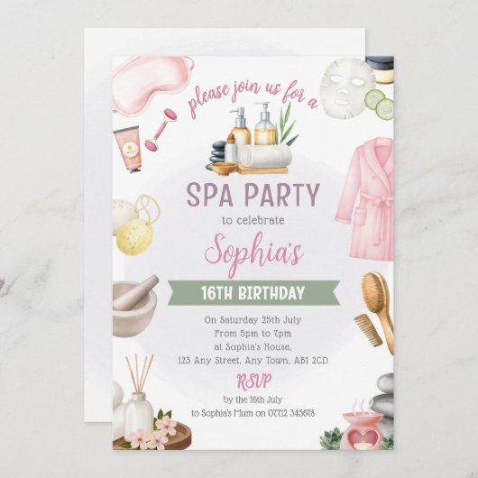 Spa Party Invitation, Natural Calm Refresh Pamper Kaart (Voorkant / Achterkant)