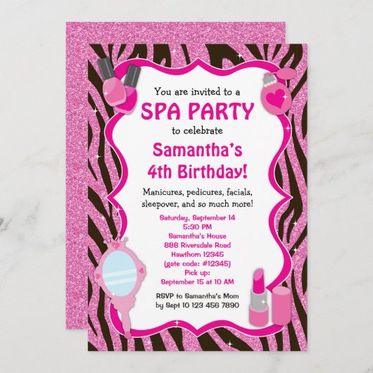 Spa Party Invitation, Spa Birthday sleepover Kaart (Voorkant / Achterkant)