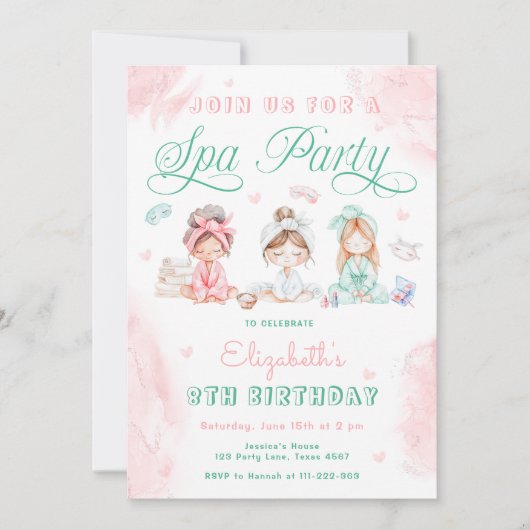 Spa Party Kids Verjaardagsfeestje Roze Kaart (Voorkant)