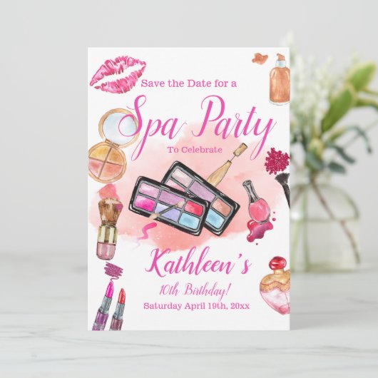Spa Party nodiging, bewerkbare verjaardag elke lee Save The Date (Staand voorkant)