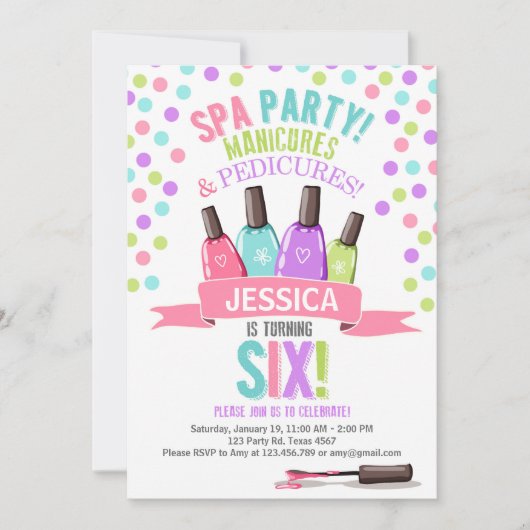 Spa Party Roze Paarse verjaardagsuitnodiging Zes Kaart (Voorkant)