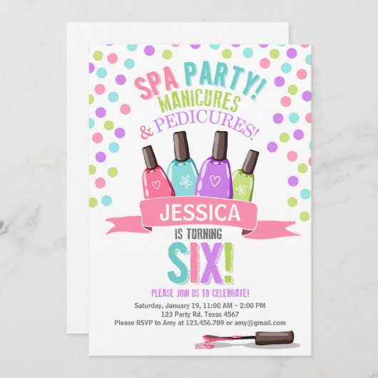 Spa Party Roze Paarse verjaardagsuitnodiging Zes Kaart (Voorkant / Achterkant)