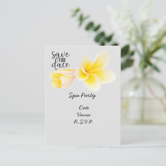 Spa party save the date with Plumeria Flower Briefkaart (Staand voorkant)