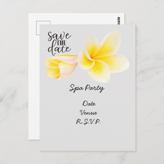 Spa party save the date with Plumeria Flower Briefkaart (Voorkant / Achterkant)