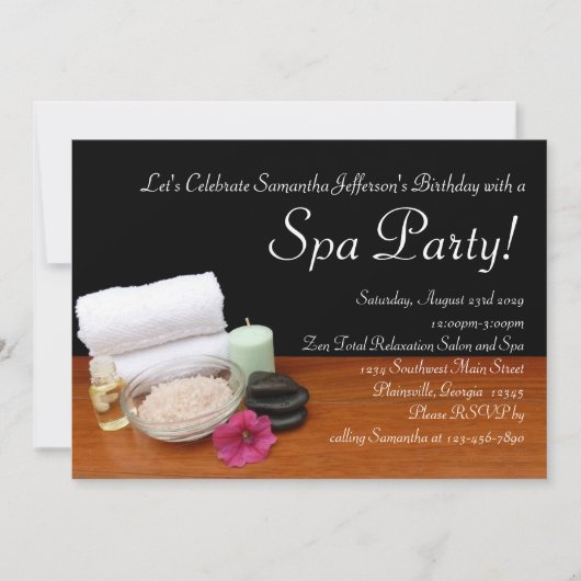 Spa Party-uitnodigingen, Salon Scene Black/Color Kaart (Voorkant)