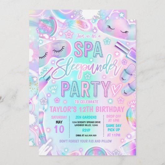 Spa Slaap-onder-Pastel Spa en Slaap-onder Party Kaart (Voorkant / Achterkant)