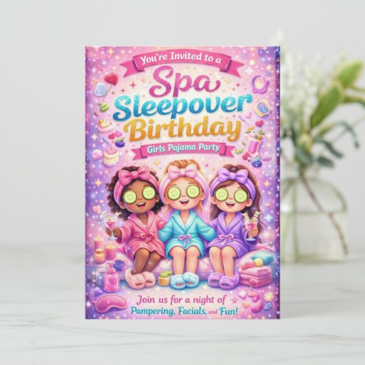 Spa Slaapfeest Verjaardagsfeest Uitnodiging - Meis (Staand voorkant)