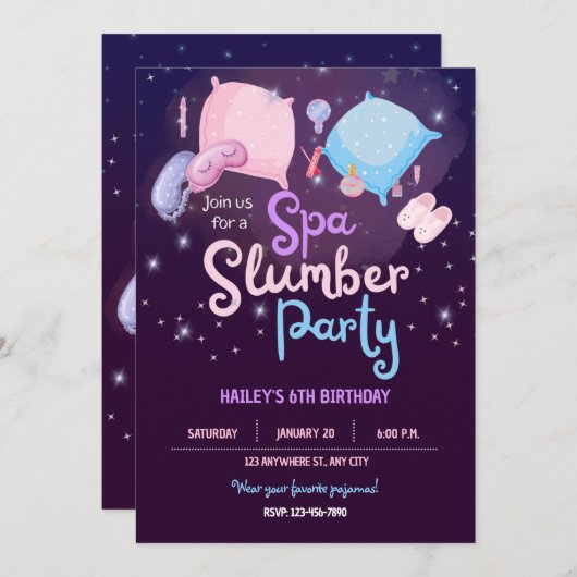 Spa Slumber Party Uitnodiging voor verjaardagsfees (Voorkant / Achterkant)