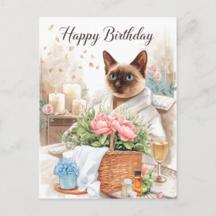 Spa Verjaardag – Glamoureuze Siamese Kat Watercolo Briefkaart