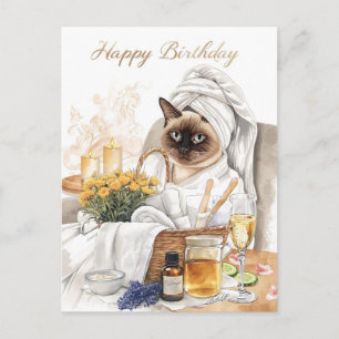 Spa Verjaardagsdag – Glamour Siamese Kat Watercolo Briefkaart