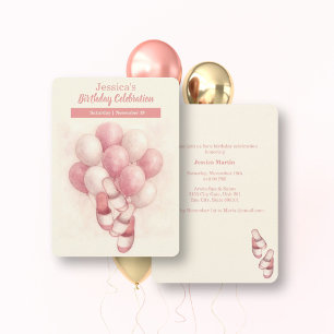 Spa verjaardagsuitnodiging, roze ballonnen slipper kaart
