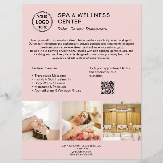 Spa Wellness Center Custom Logo QR Pink Business Flyer (Voorkant)