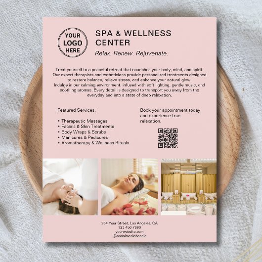 Spa Wellness Center Custom Logo QR Pink Business Flyer
