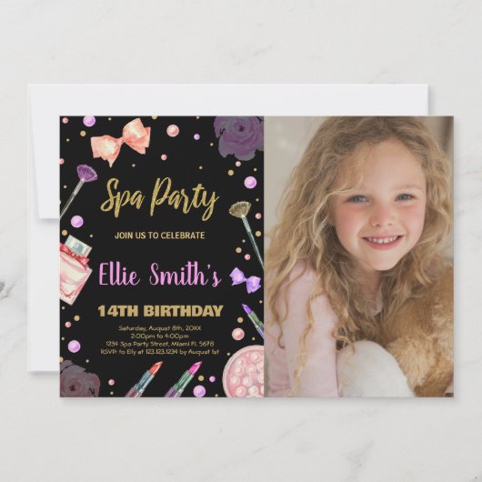 Spa Zwart Glitter Foto Spa Verjaardagsuitnodiginge Kaart (Voorkant)