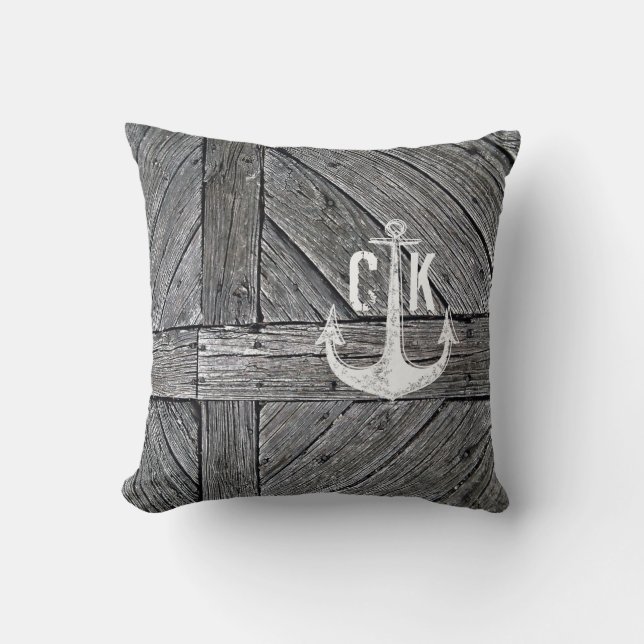 Spaanhout  anker nautisch monogram kussen (Voorkant)