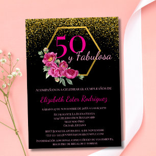 Spaans 50 en Fabulous Zwart Goud Roze Chic Bloemmo Kaart