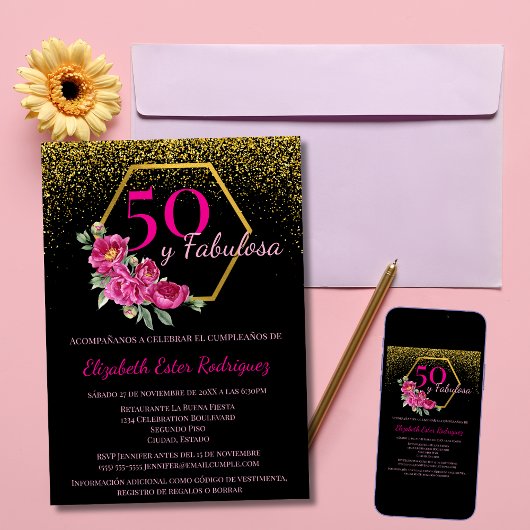 Spaans 50 y Fabulosa Zwart Goud Roze Chic Bloemen Kaart