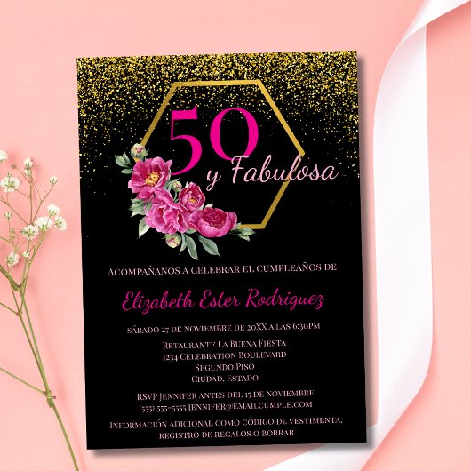 Spaans 50 y Fabulosa Zwart Goud Roze Chic Bloemen Kaart