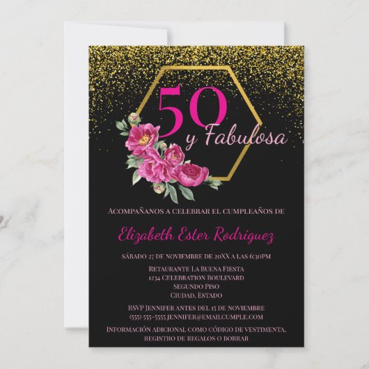 Spaans 50 y Fabulosa Zwart Goud Roze Chic Bloemen Kaart (Voorkant)