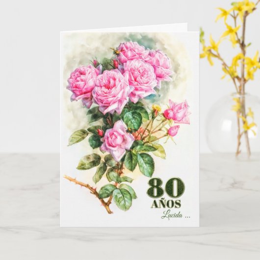 Spaans 80e verjaardag  Roos Tuinnaam Kaart (Gele Bloem)