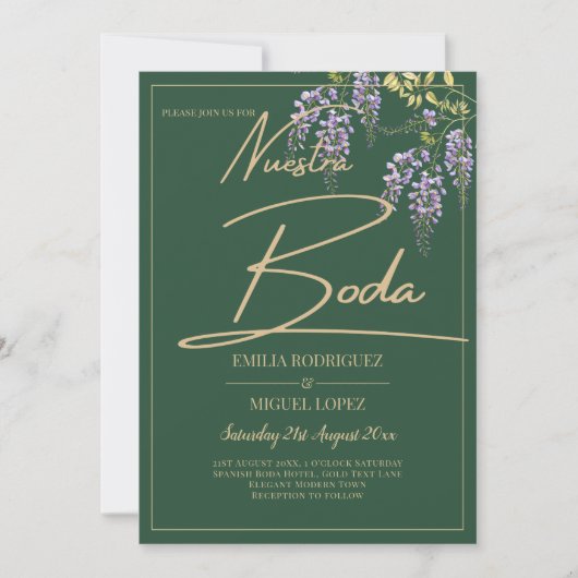 Spaans All-in1 WISTERIA Gouden Tekst Groene BODA Kaart (Voorkant)