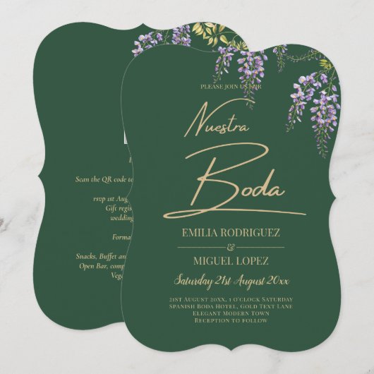 Spaans All-in-1 WISTERIA Gold Text Green BODA Invi Kaart (Voorkant / Achterkant)