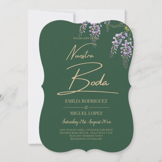 Spaans All-in-1 WISTERIA Gold Text Green BODA Invi Kaart (Voorkant)