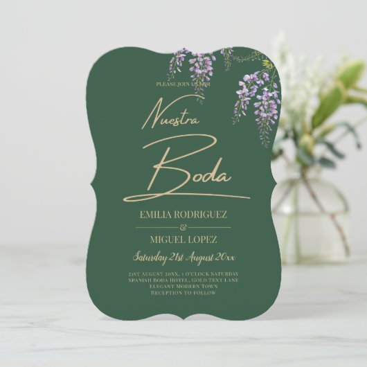 Spaans All-in-1 WISTERIA Gold Text Green BODA Invi Kaart (Staand voorkant)