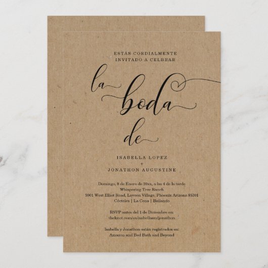 Spaans Alle in één bruiloft Noite RSVP & Registry Kaart (Voorkant / Achterkant)