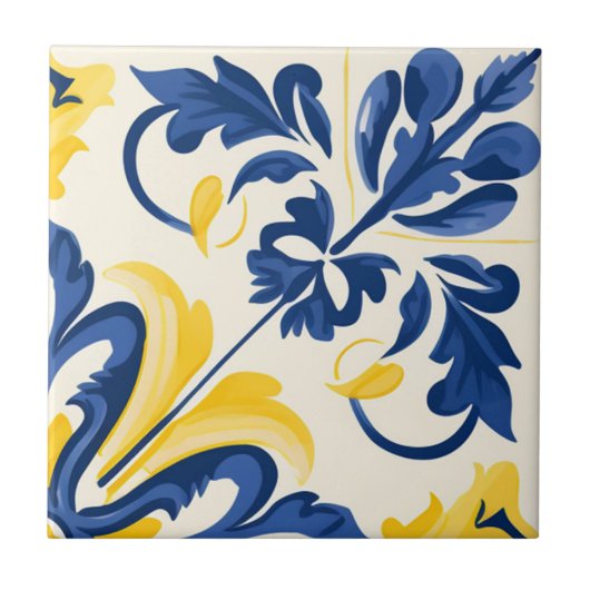 Spaans Azulejo Modern Elegant Blauw Geel Tegeltje (Voorkant)