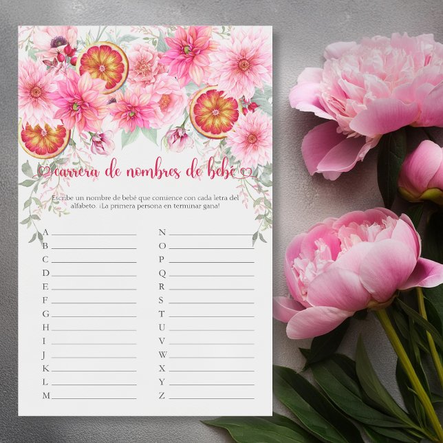 Spaans Baby Naam Race Roze Baby shower Spel (Spanish baby name race citrus with pink flowers baby shower game, girl baby shower,)
