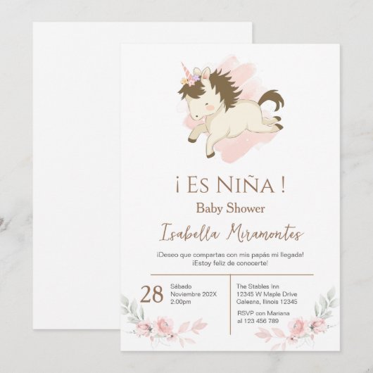 Spaans Baby shower Meisje uitnodiging (Voorkant / Achterkant)