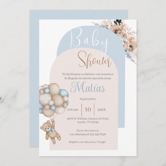 Spaans Baby shower Uitnodiging Blue Beer Boy (Voorkant / Achterkant)