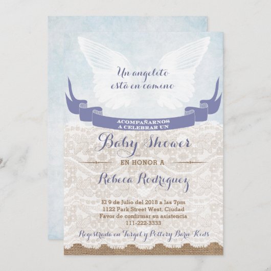 Spaans Baby shower Uitnodiging met Angel Wings (Voorkant / Achterkant)