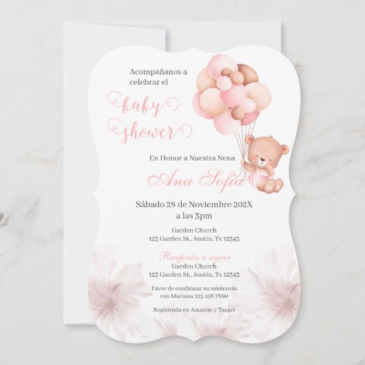 Spaans Baby shower Uitnodiging Roze Beer Meisje (Voorkant)