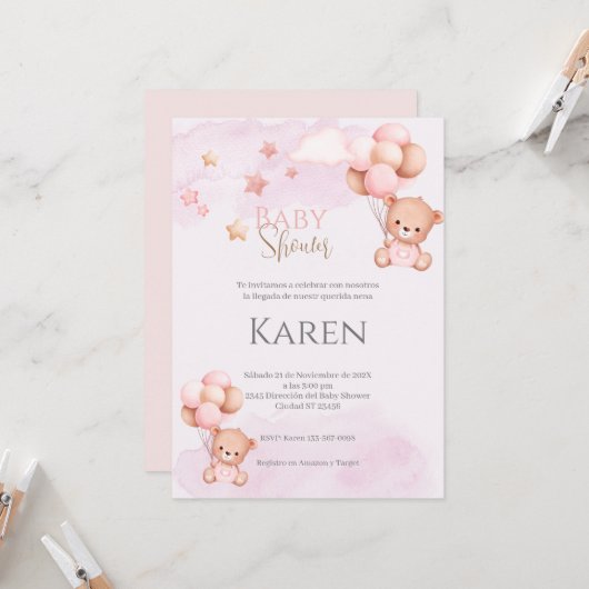 Spaans Baby shower Uitnodiging Roze Beer Meisje (Voorkant / Achterkant in situ)