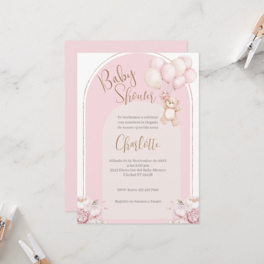 Spaans Baby shower Uitnodiging Roze Beer Meisje (Voorkant / Achterkant in situ)