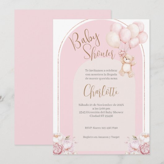 Spaans Baby shower Uitnodiging Roze Beer Meisje (Voorkant / Achterkant)