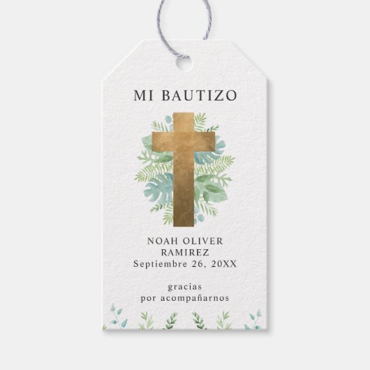 Spaans, Baptism Elegant Gold Cross met Griekenland Cadeaulabel (Voorkant)