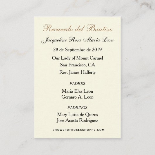 SPAANS BAPTISM RECUERDO BAUTIZO RELIGIOE PRAYER VISITEKAARTJE (Achterkant)