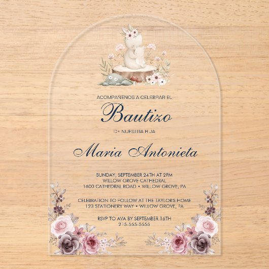 Spaans Bautizo de Niña Floral Bunny Baby Acryl Uitnodigingen (Voorkant)