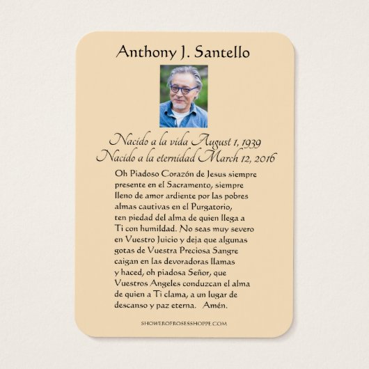 Spaans begrafeniskatholiek Jezus Memorial Prayer Visitekaartje (Achterkant)