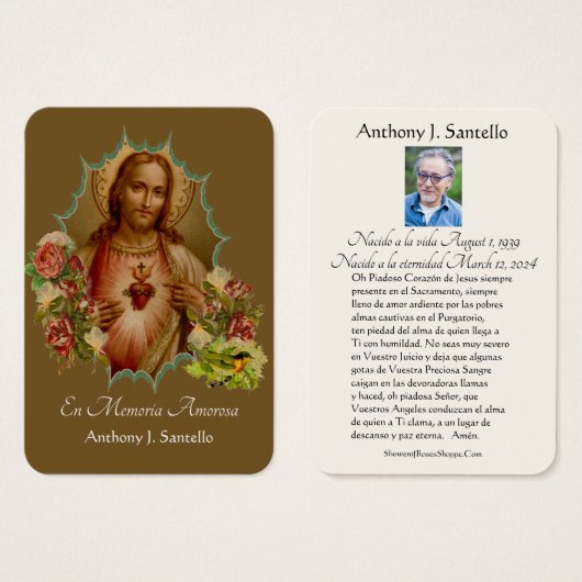 Spaans begrafeniskatholiek Jezus Memorial Prayer Visitekaartje (Voorkant /achterkant)